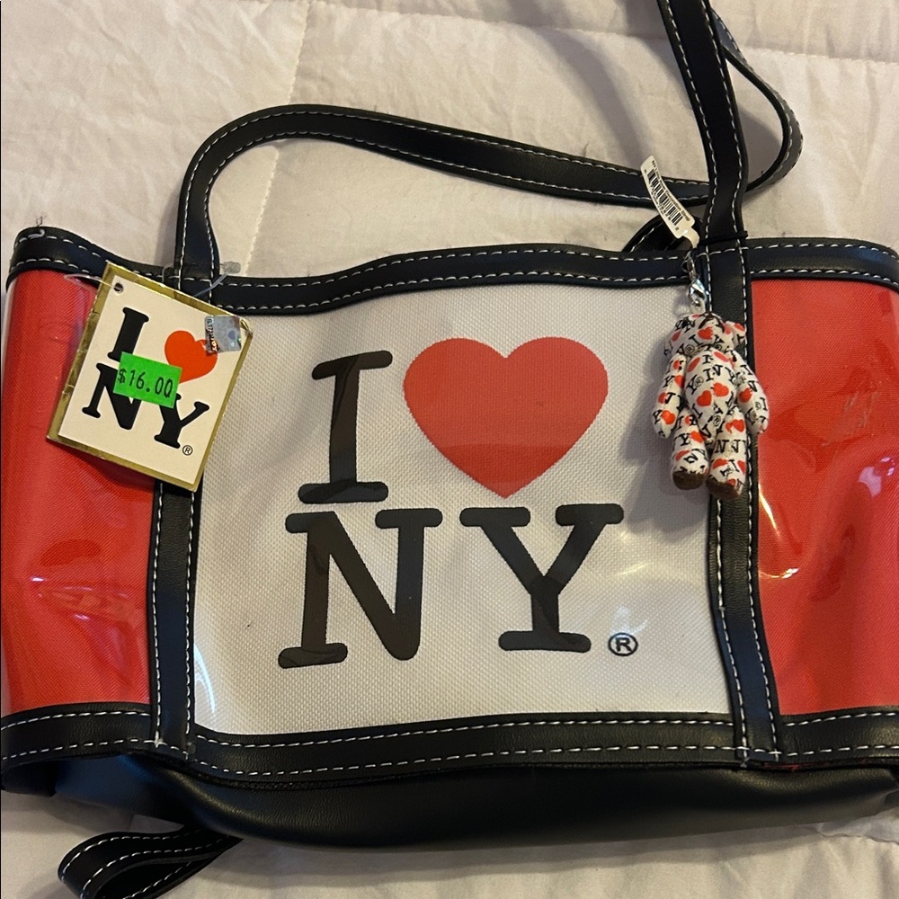 I ❤️ NY Chic vinyl Tote Bag - Red and Black, with mini bear zip accessory